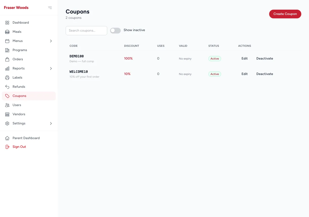 The coupons management page