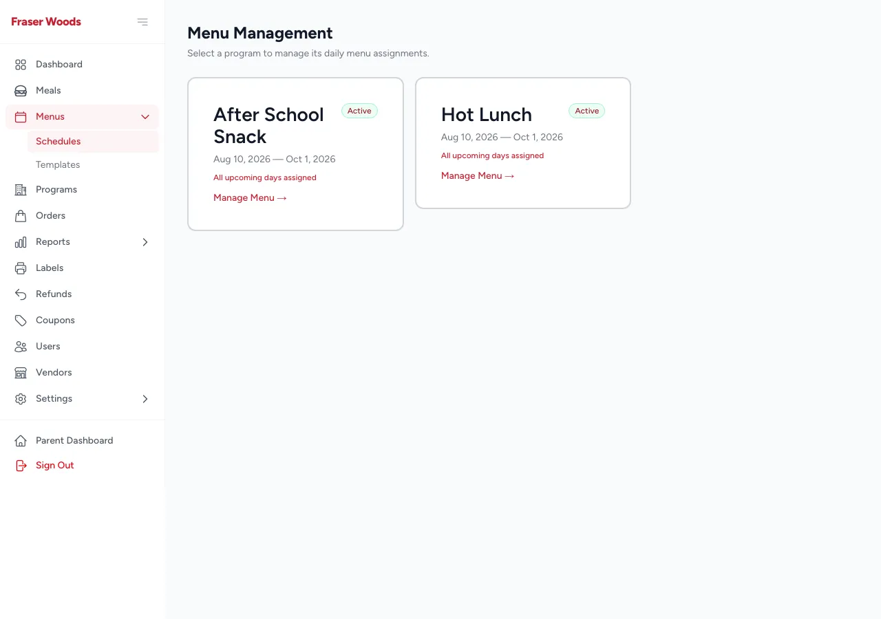 The menu management screen