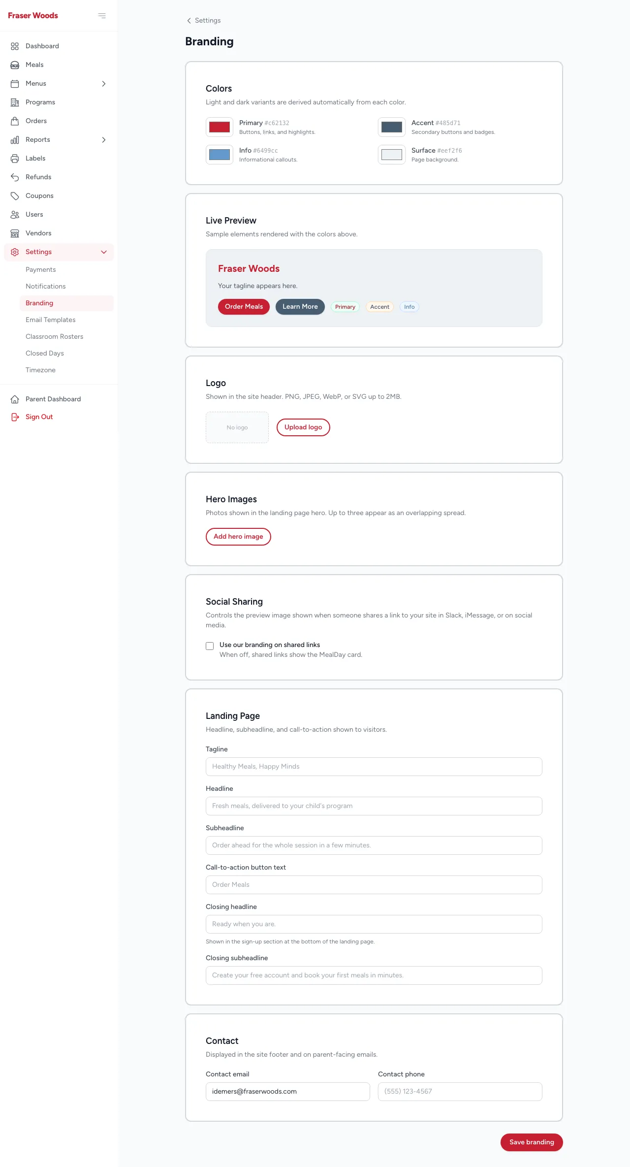 The branding settings page