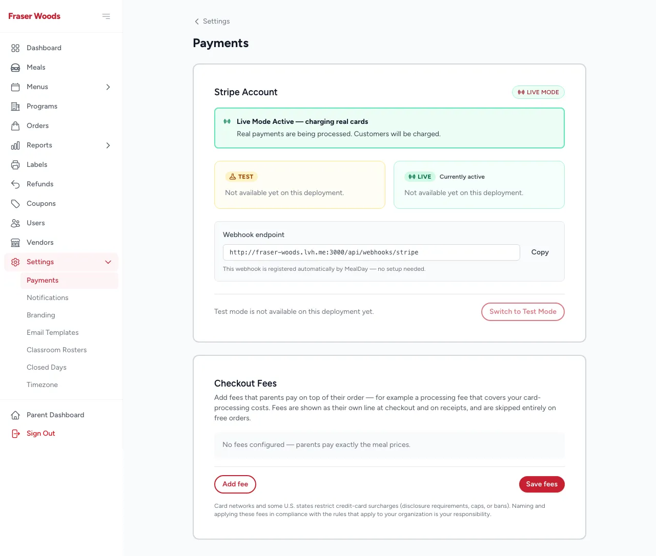 The payments settings page showing Stripe connection status and checkout fees