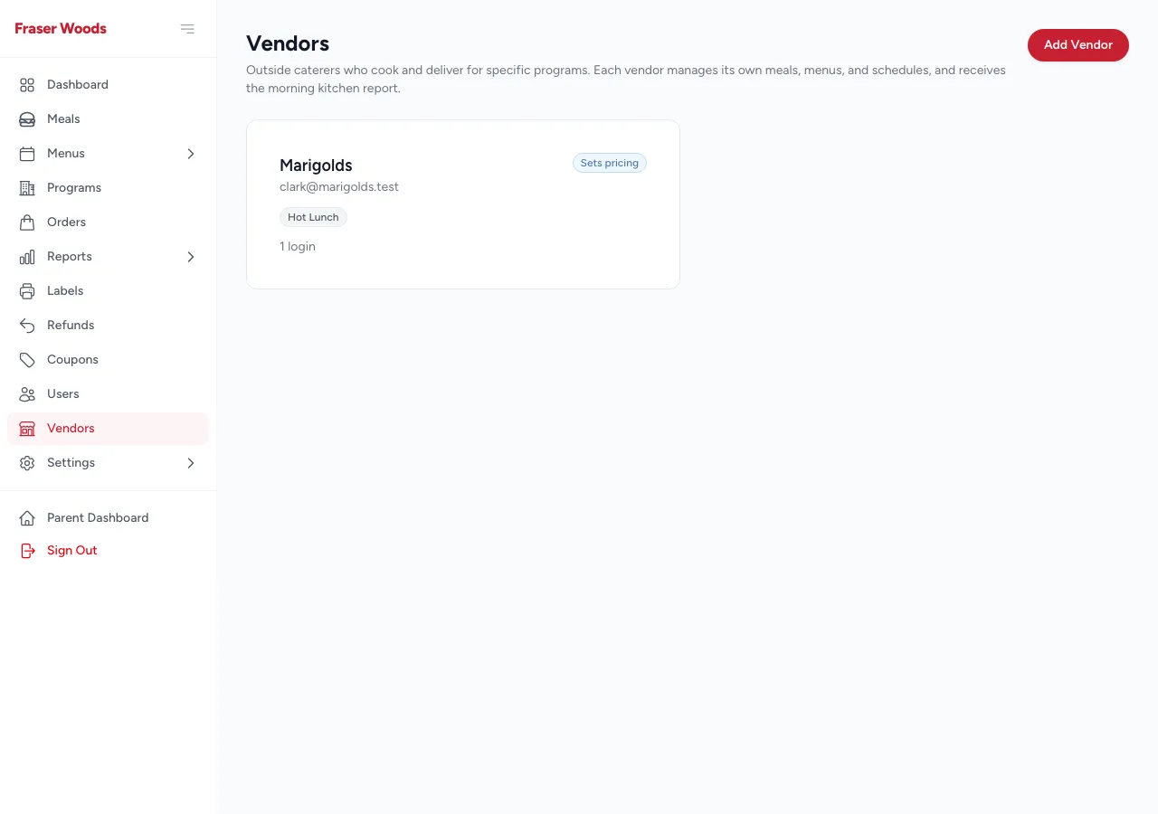 The vendor management page