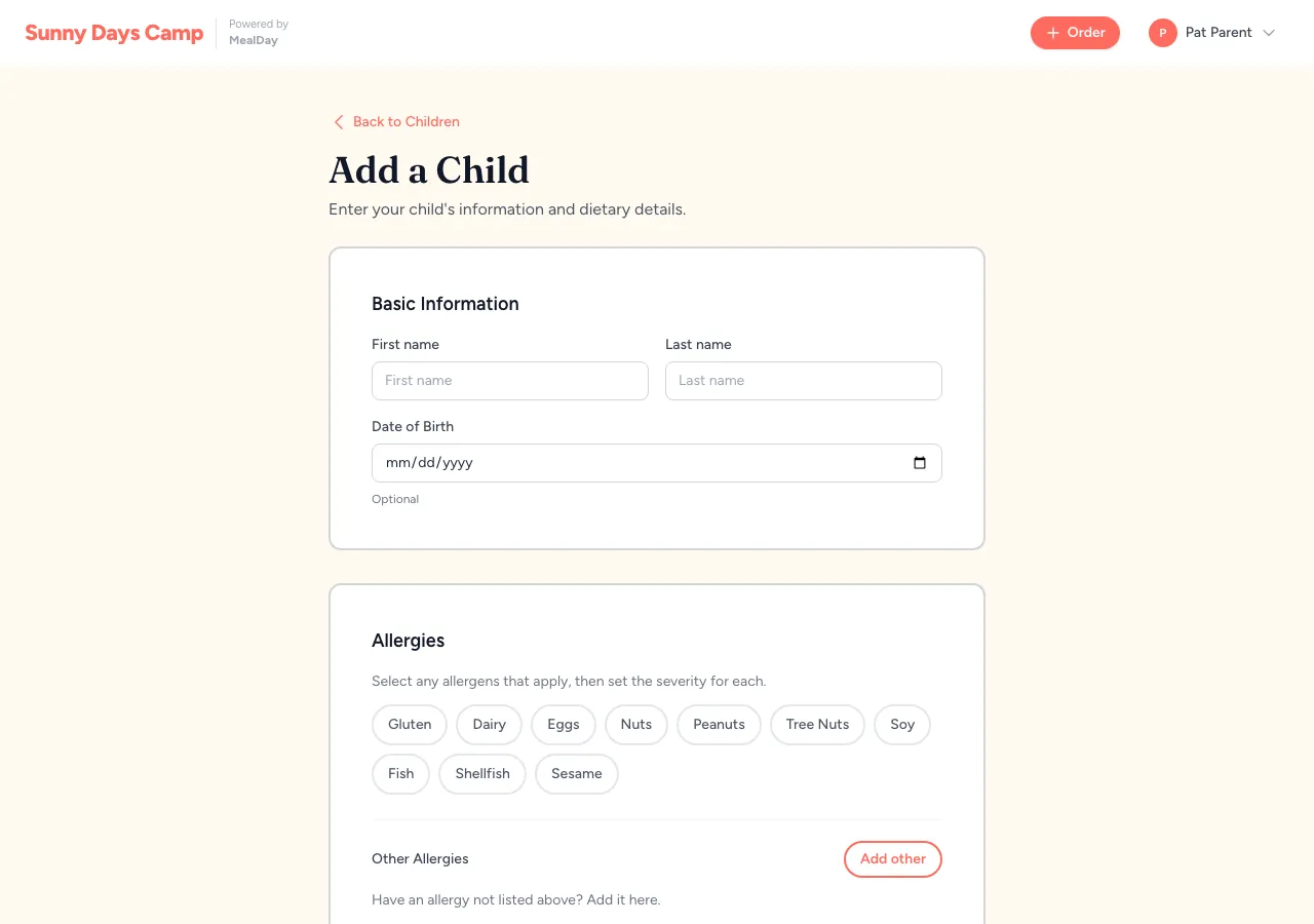 The add-a-child form with allergy and dietary fields