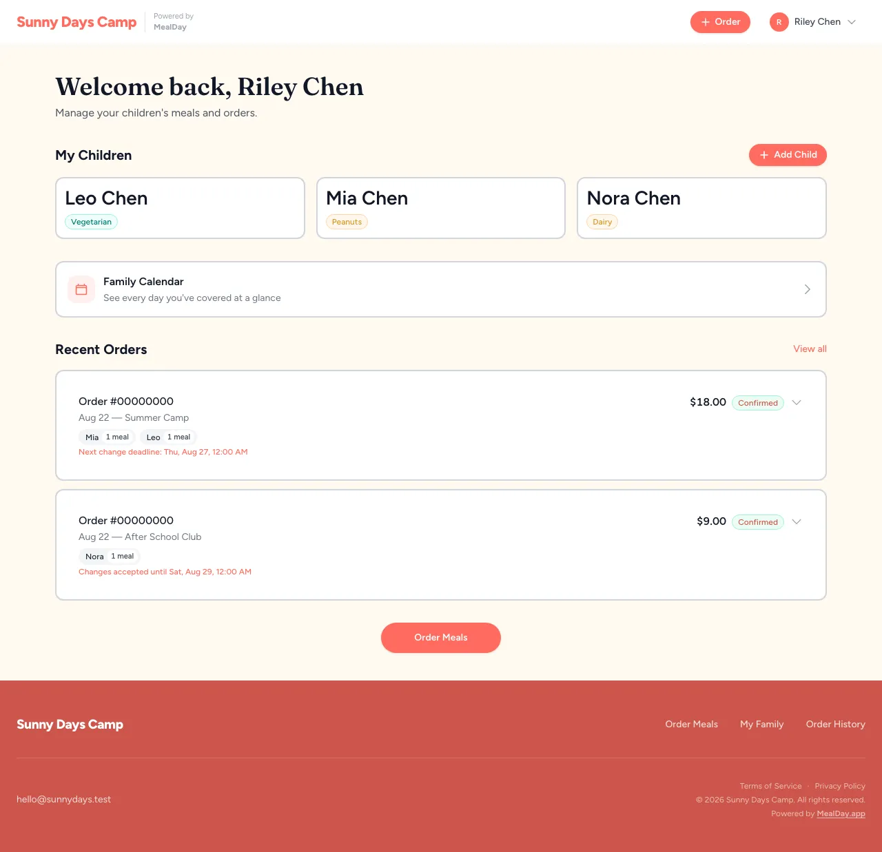 The parent dashboard showing children and recent orders