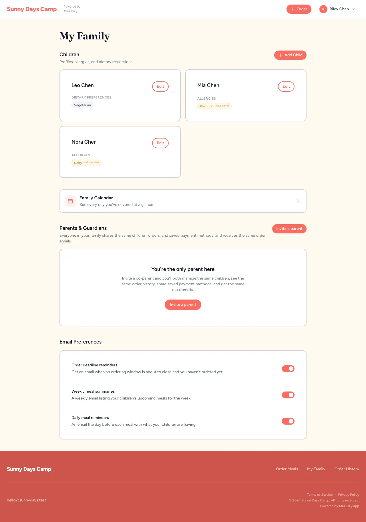 The My Family page with children, co-parent invites, and reminder settings