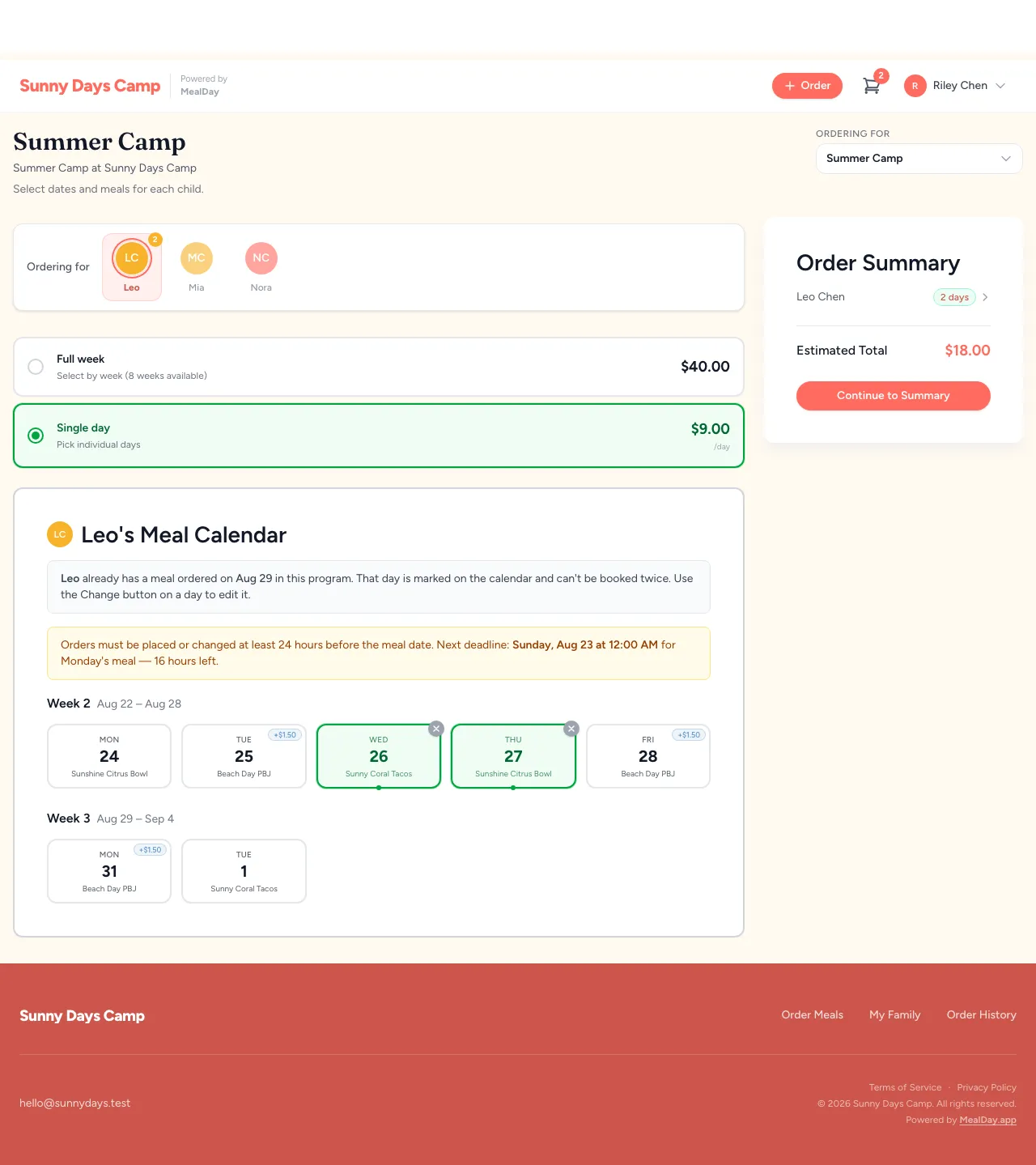 Selecting meals on a child's calendar with pricing and cutoff information