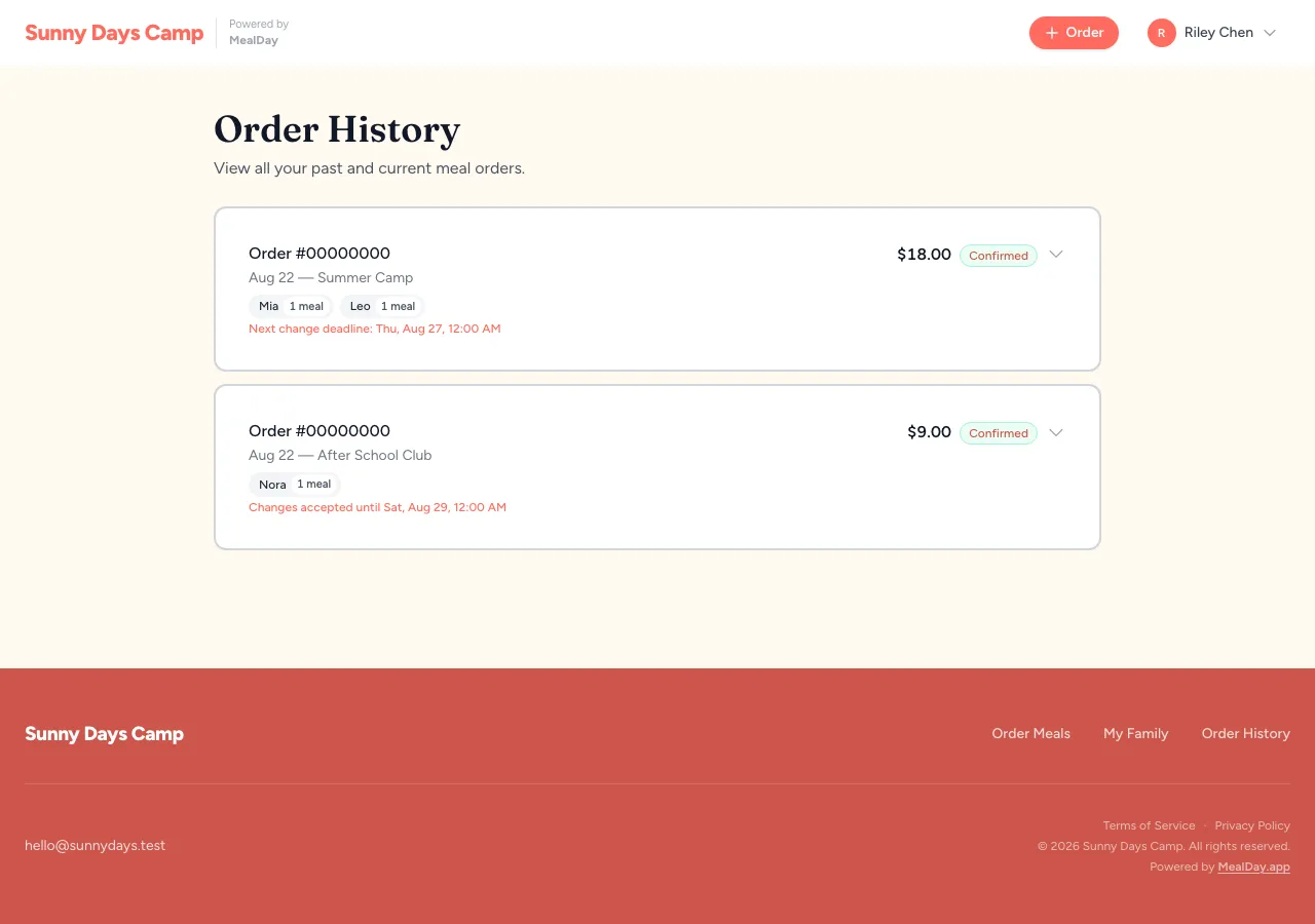 The parent order history list
