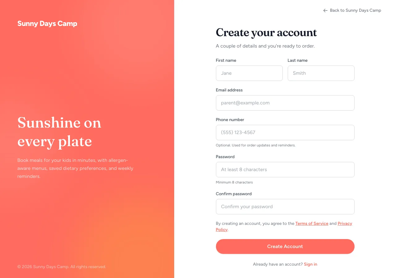 The parent sign-up form