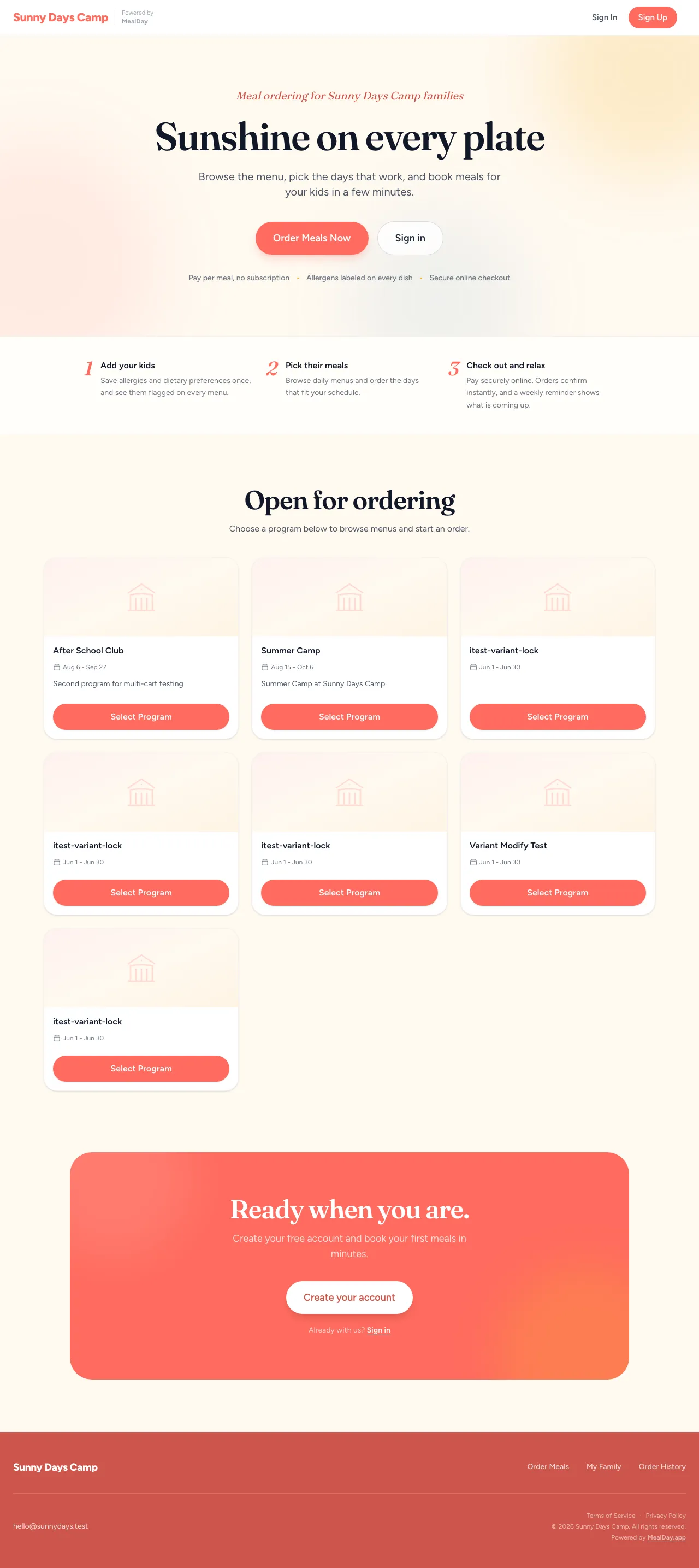 An organization's branded MealDay landing page