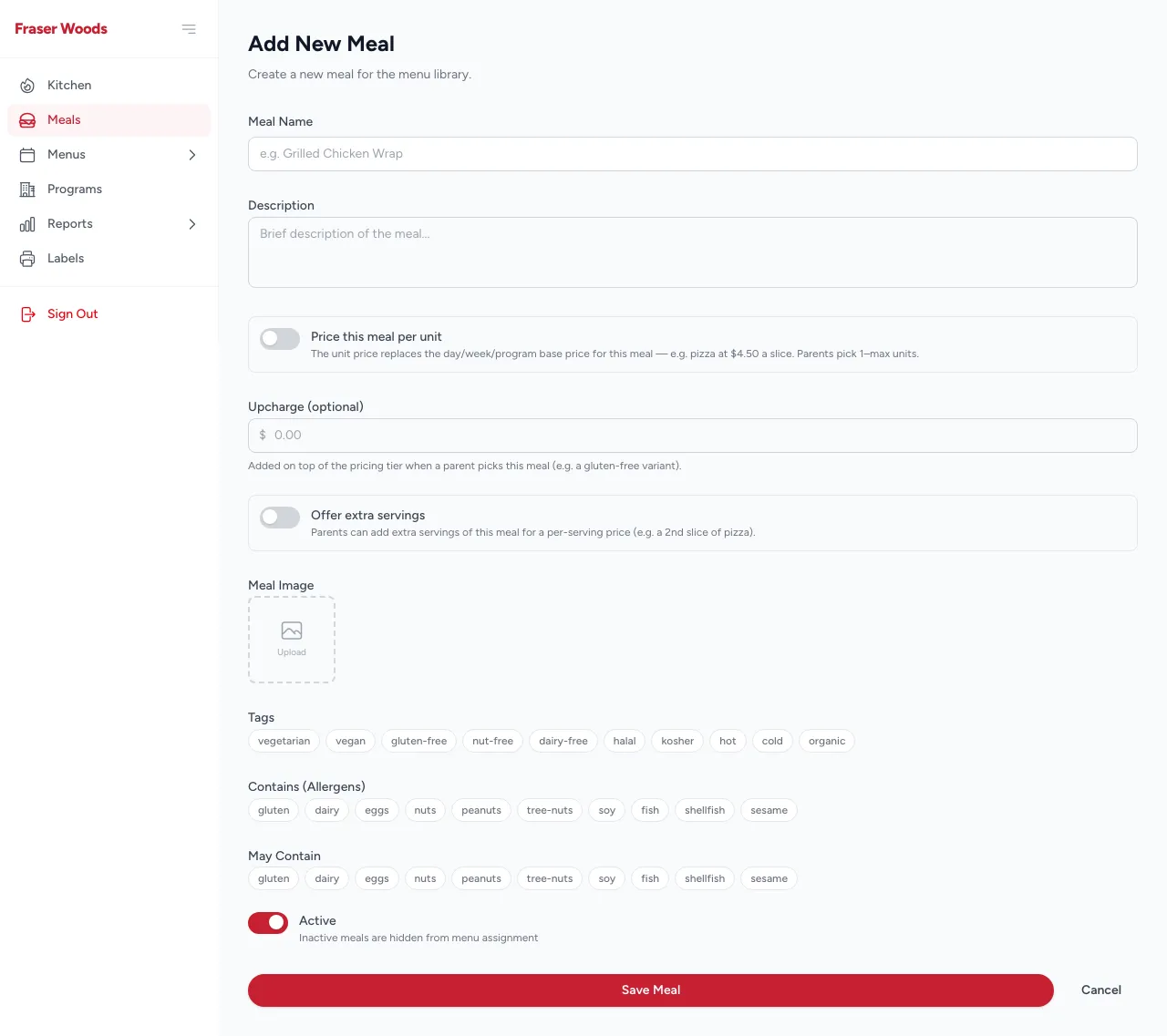 The create-meal form