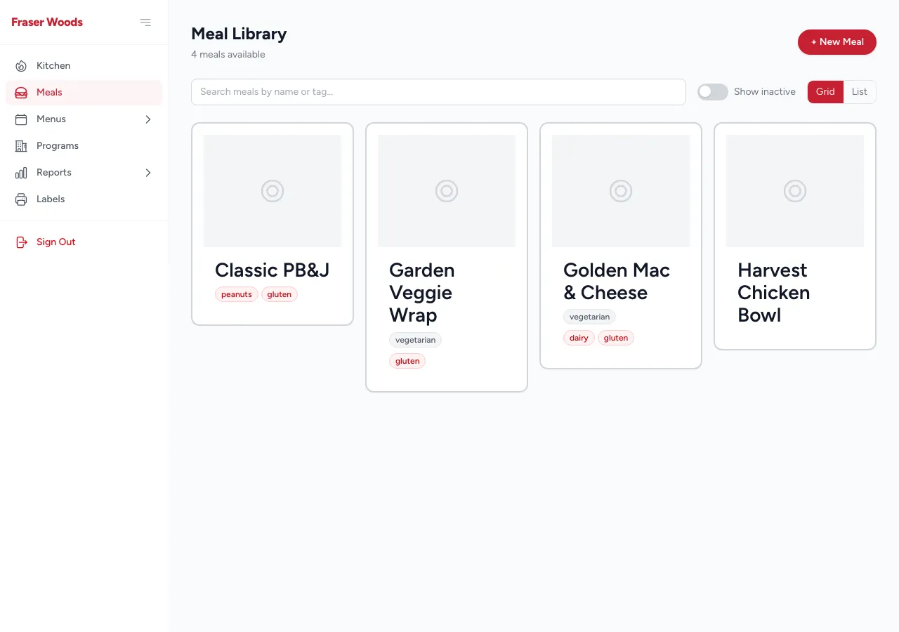 The meal catalog list